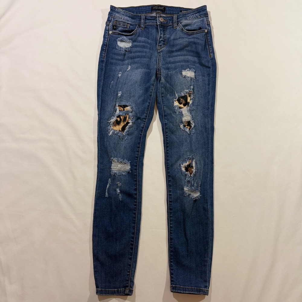 Judy Blue Skinny Jeans Women 5/27 Blue Distressed Leopard Print Patch JB8265MD